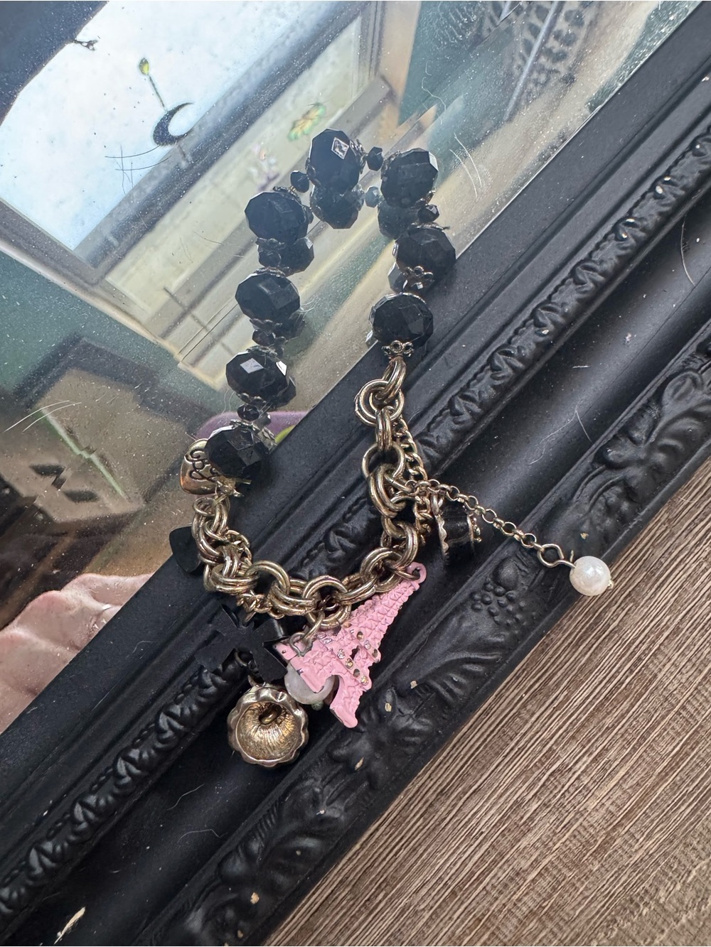 Betsey Johnson Black Bead Charm Bracelet with Pink Eiffel Tower
